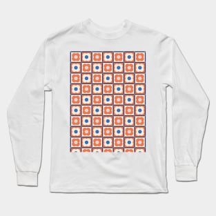 Retro Floral Checker Pattern Apricot Crush, Blue Long Sleeve T-Shirt